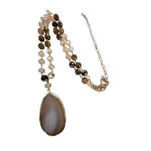 Vintage Natural Agate Pendant Glass Bead Necklace, 1970s